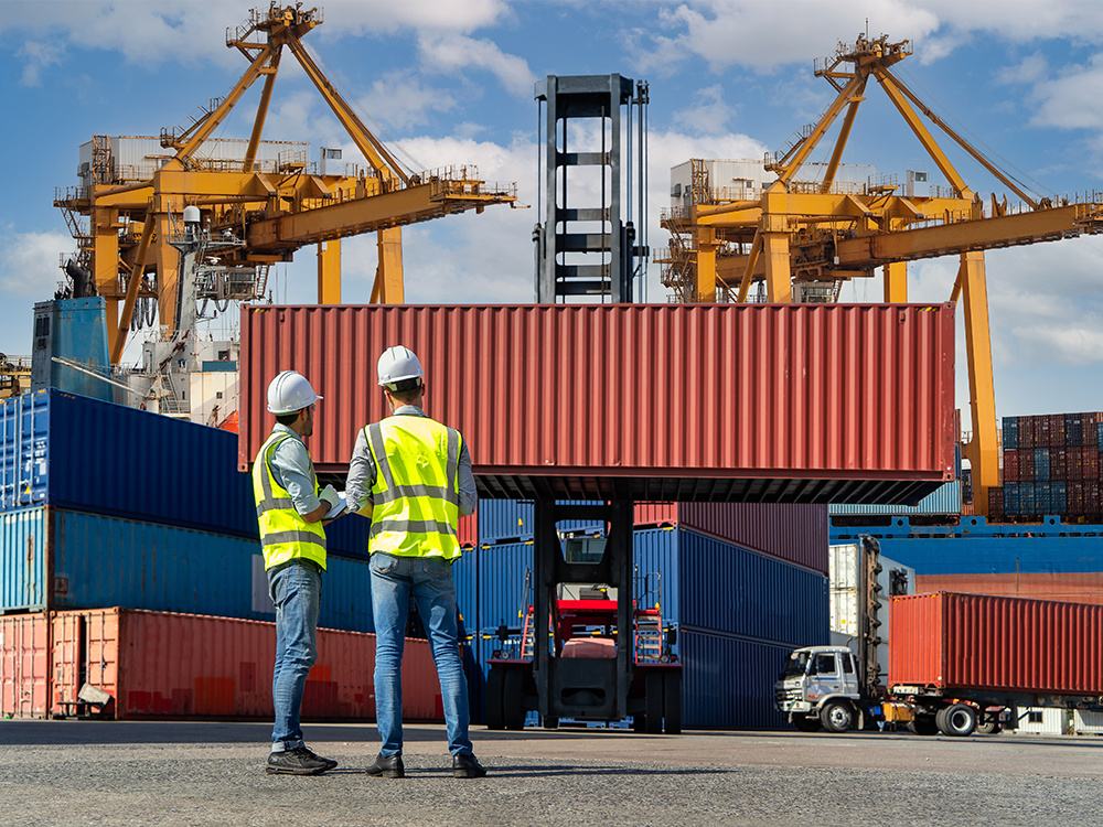 rabajadores inspeccionando un contenedor marítimo en un puerto, con grúas y contenedores en el fondo que ilustran la logística del transporte marítimo.